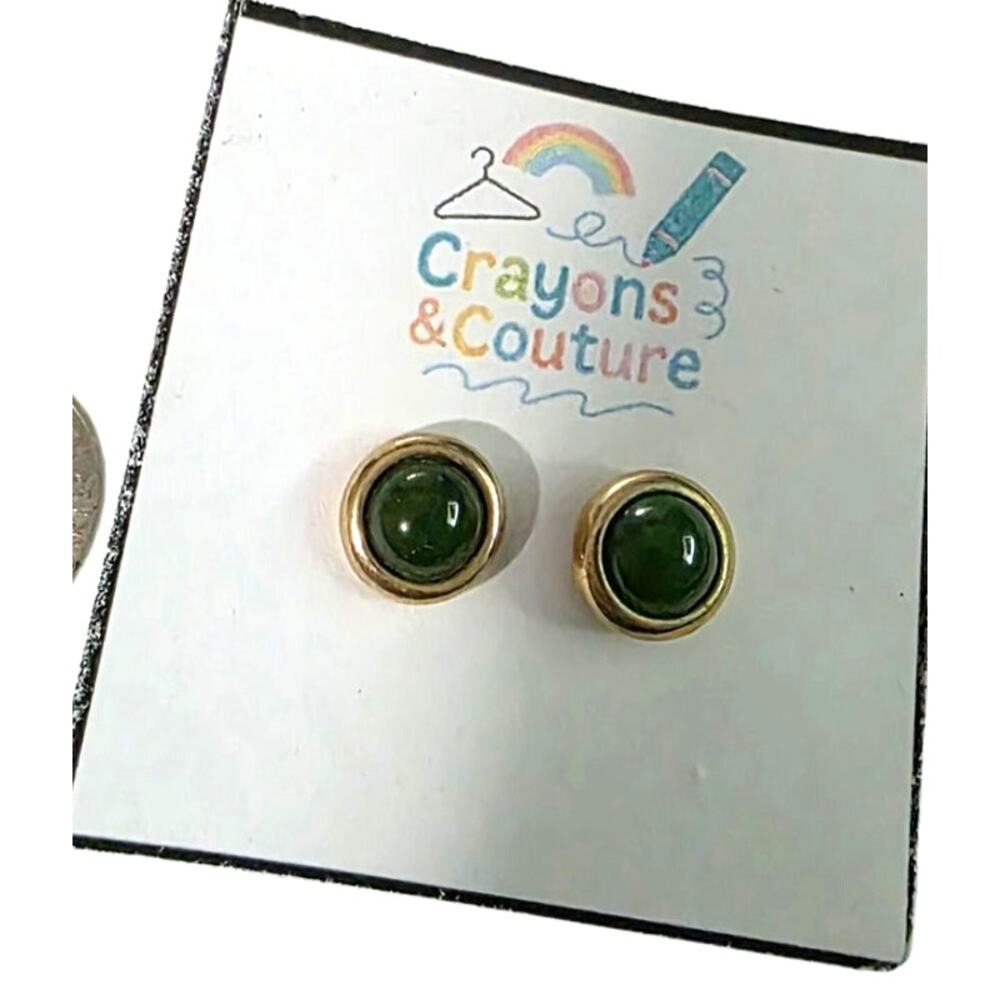 Vintage Earrings, Goldtone w/Green Center Stud Pierced Minimalist GorpCore Daily